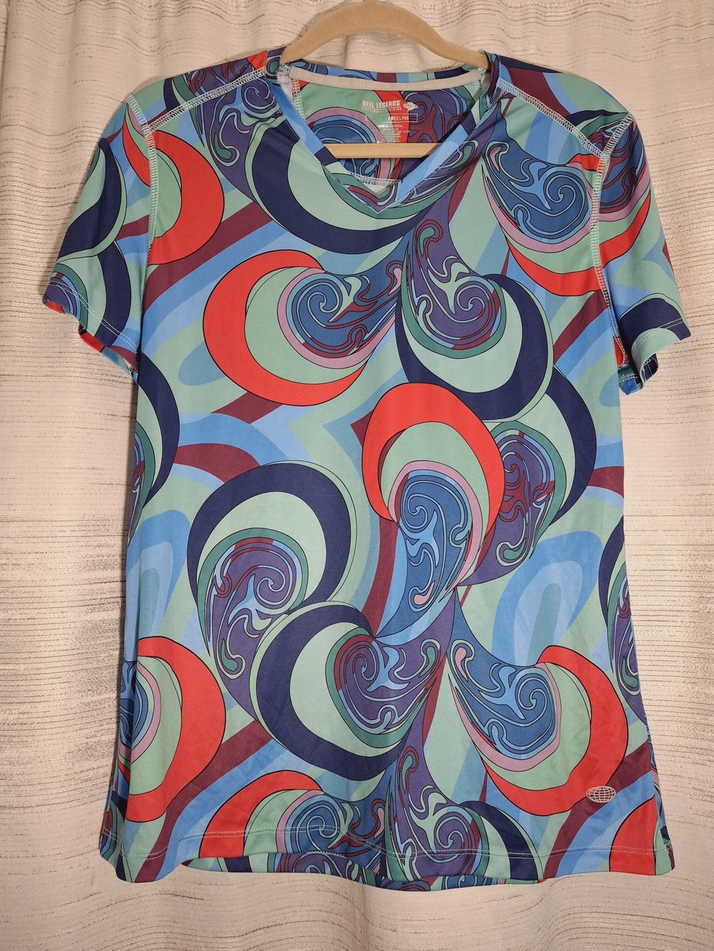 Reel Legends Short Sleeve Tee in Teal, Aqua & Red Swirl Print